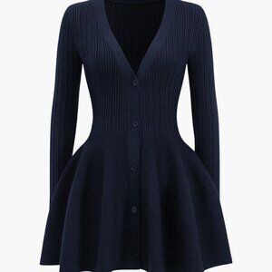 MICAS's Knit Puff Hem Long Sleeve V-neck Dress- Dark Blue- Large NWT